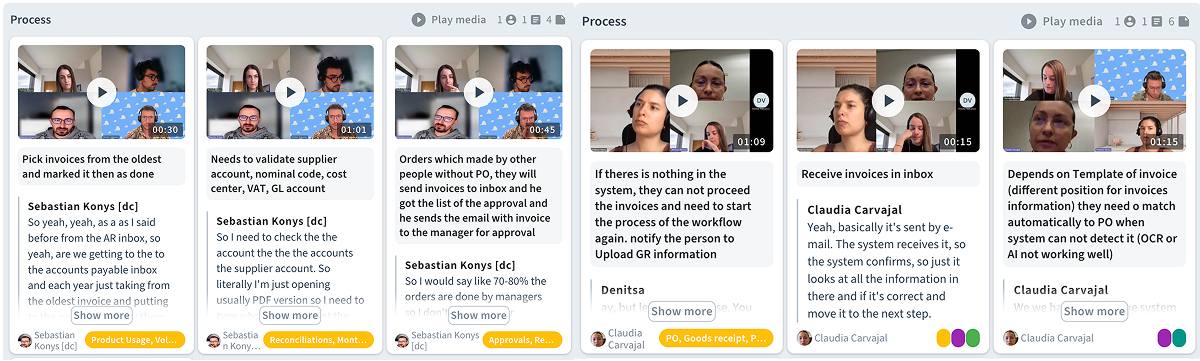 Process: video cards with steps — pick invoices, validate supplier/cost center/VAT/GL, orders without PO, receive invoices in inbox, template-based matching